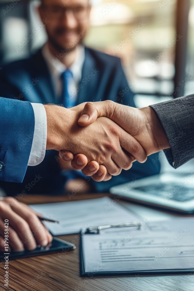 A man shakes hands with another man in a suit. The two men are in a business meeting