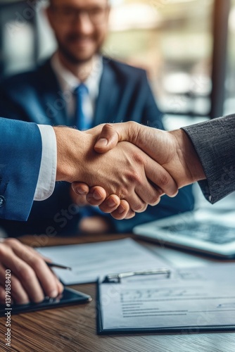 Obraz na płótnie A man shakes hands with another man in a suit. The two men are in a business meeting w salonie