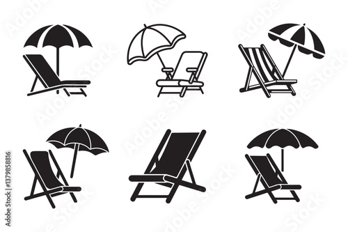 set of beach chair and umbrella icon silhouette vector art illustration