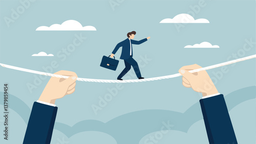 Businessman Walking on Tightrope with Symbolizing Risk, Vision, and Ambition in Career Growth and Success"
