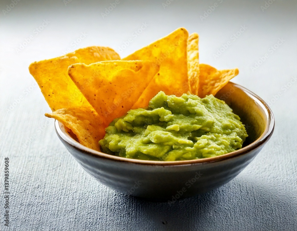 Tortilla Chips with Creamy Guacamole in a Small Bowl, Close-Up View on a White Table Tortilla Chips with Creamy Guacamole in a Small Bowl, Close-Up View on a White Table