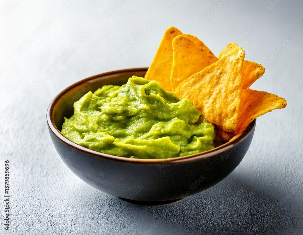 Tortilla Chips with Creamy Guacamole in a Small Bowl, Close-Up View on a White Table Tortilla Chips with Creamy Guacamole in a Small Bowl, Close-Up View on a White Table