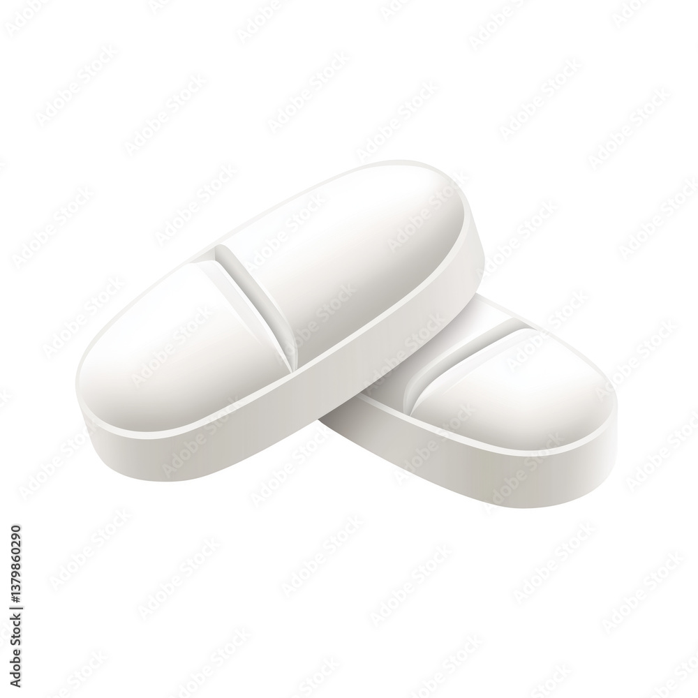 Realistic illustration of two white oblong tablets with a smooth surface, pharmaceutical medicine isolated on transparent background Realistic illustration of two white oblong tablets with a smooth surface, pharmaceutical medicine isolated on transparent background