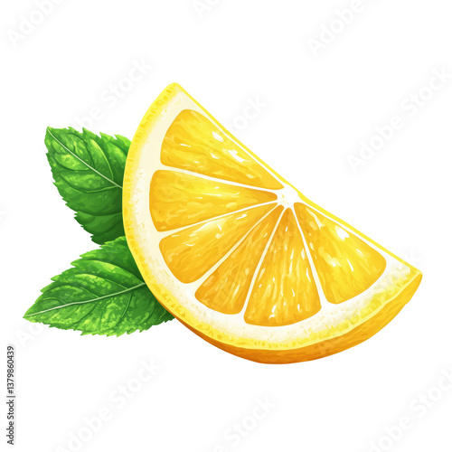 Realistic illustration of a fresh lemon slice with mint leaves, juicy citrus fruit isolated on transparent background