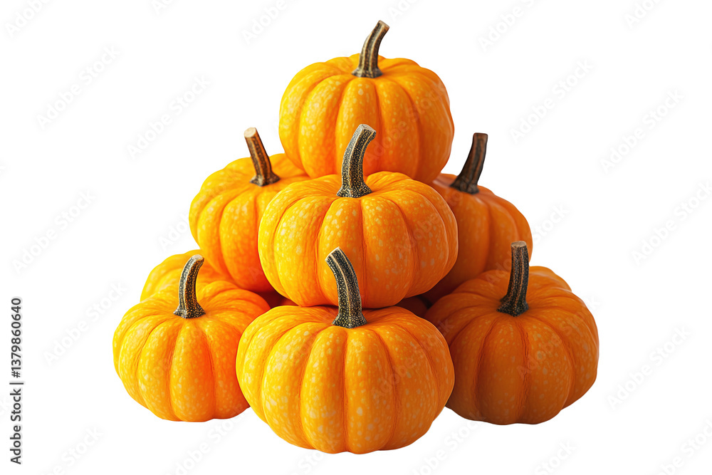 Fototapeta premium A pyramid arrangement of bright yellow pumpkins with brown stems isolated on white transparent background. Symbolizing autumn, harvest, and seasonal decoration