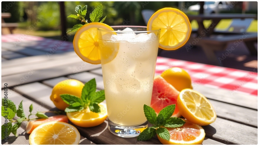 Fototapeta premium A fresh citrus cocktail and lemonade, with lemon and lime slices, offer a cold, juicy refreshment