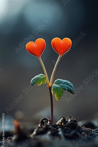 Two red hearts are planted in the dirt. Concept of love and tenderness