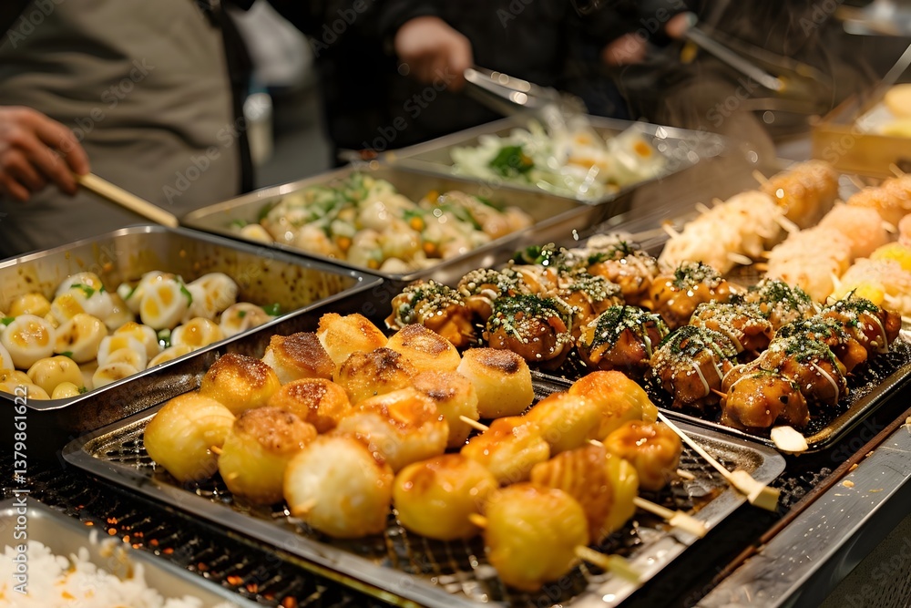 Naklejka premium Savory Street Food Delights: Grilled Skewers, Marinated Meat, and Egg Dishes Sizzle on Hot Grills at a Vibrant Night Market, Offering a Culinary Adventure for Food Enthusiasts.