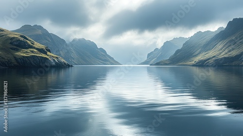Misty fjord reflecting mountains