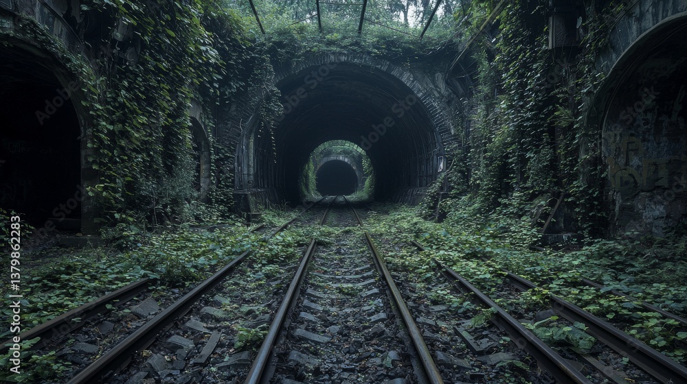 Obraz premium Abandoned railway tunnels overgrown with vegetation in the heart of an urban area during twilight