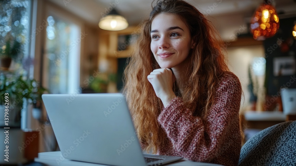 A woman with red hair is sitting at a table with a laptop in front of her. She is smiling and looking at the screen