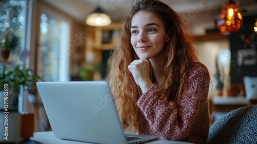 Obraz na płótnie A woman with red hair is sitting at a table with a laptop in front of her. She is smiling and looking at the screen w salonie