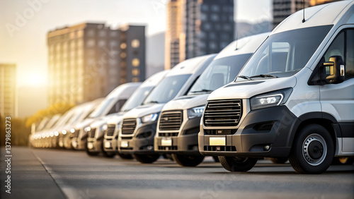 Commercial Vans & Delivery Trucks – Fleet Vehicles in Dealership Lot Photography
