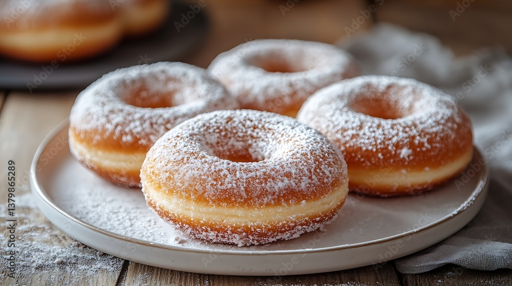 Artistic photo of powdered donuts aligned in a row, clean white plate, gray seamless backdrop, bright natural window light emphasizing fine sugar texture. Created Using: Sigma Art lens, Artistic photo of powdered donuts aligned in a row, clean white plate, gray seamless backdrop, bright natural window light emphasizing fine sugar texture. Created Using: Sigma Art lens,