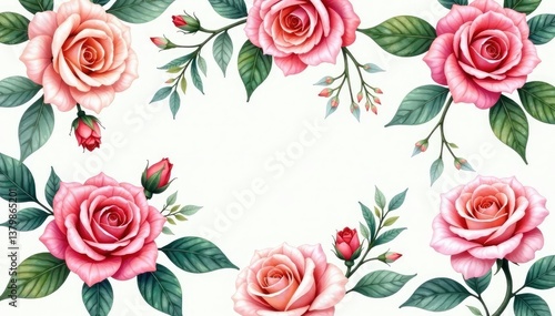 Delicate watercolor roses, lush leaves, seamless repeat, floral pattern, spring, pretty