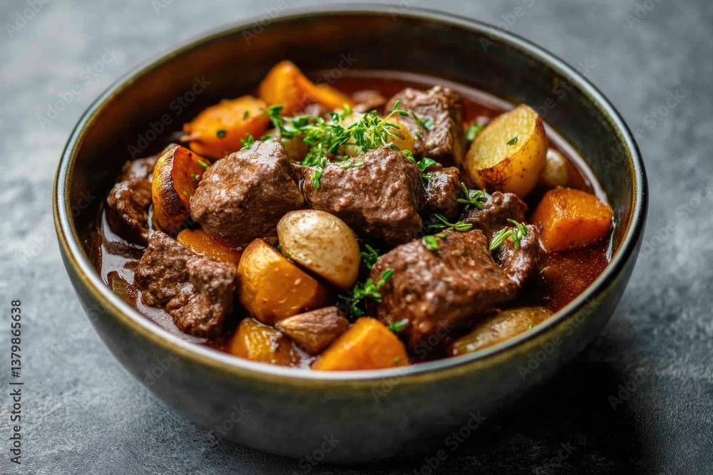 A bowl of beef stew with carrots and onions. The stew is brown and has a rich, hearty flavor. The carrots are cooked and tender, and the onions are caramelized, adding a sweet