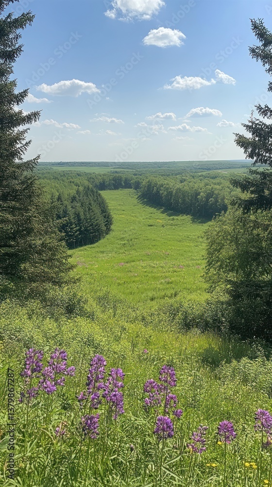 Fototapeta premium Lush green valley with purple wildflowers