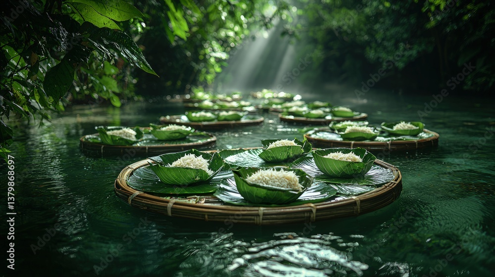 Fototapeta premium Serene Floating Rice Bowls in a Lush Tropical