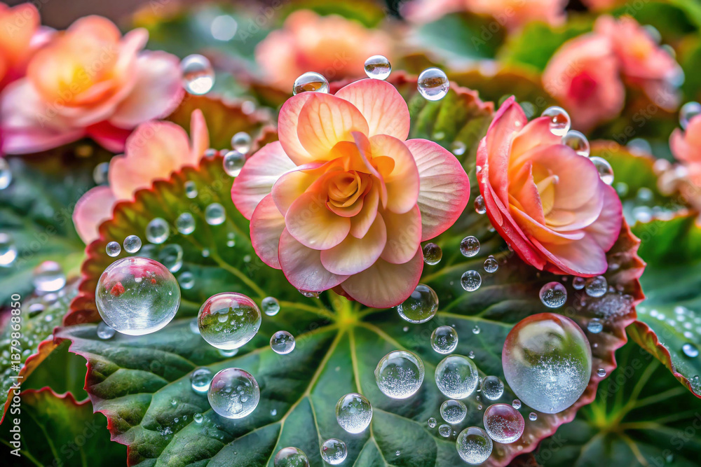 Fototapeta premium A begonia with translucent petals that inflate slightly when wet