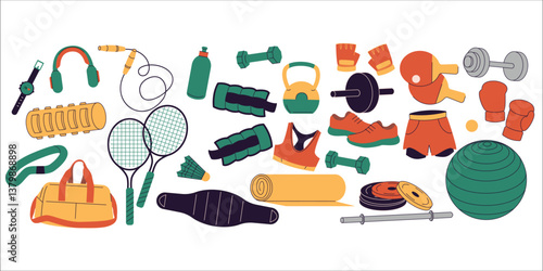 Colorful illustration of fitness and sports gear including dumbbells, rackets, boxing gloves, shoes, yoga mat, gym bag, and more. Ideal for healthy lifestyle and workout-themed designs. Vector