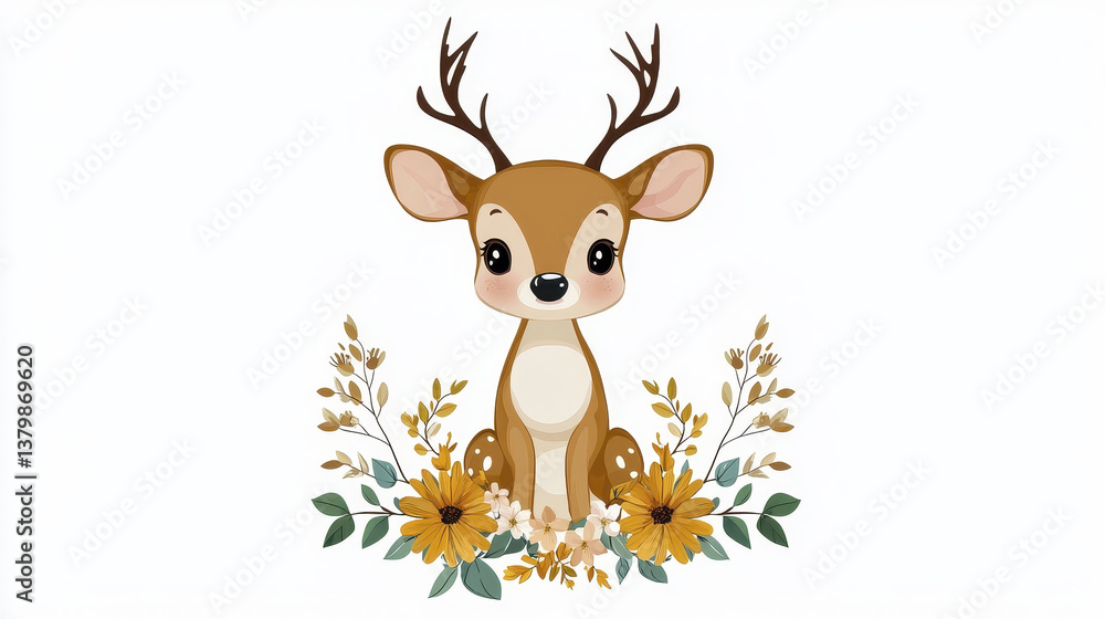 Cute cartoon deer with antlers surrounded by flowers, perfect for stickers or children decor