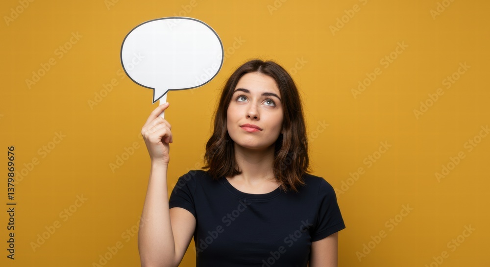 Portrait of a young woman with a relaxed expression carrying a message sign paper Portrait of a young woman with a relaxed expression carrying a message sign paper