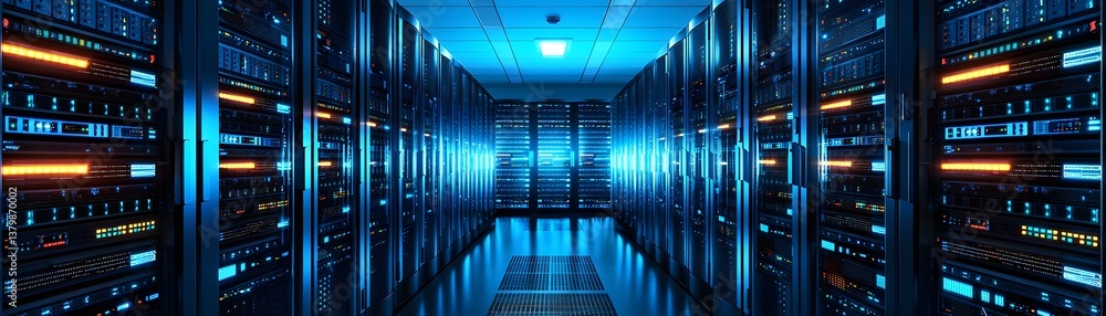 A sleek, energy-efficient data center with silent cooling systems, LED indicator lights on servers, and a spotless, modern layout A sleek, energy-efficient data center with silent cooling systems, LED indicator lights on servers, and a spotless, modern layout