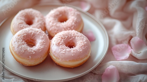 Minimalist top-down image of pastel donuts neatly arranged on a neutral plate, soft fabric background, pale pink petals gently scattered, soft indirect sunlight. Created Using: DSLR with 50mm lens,