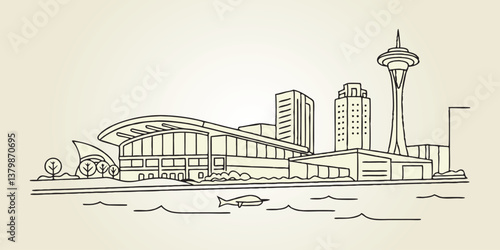 A minimalist one-line drawing of the Corpus Christi skyline, showcasing the harbor, Texas State Aquarium, and coastal elements in a sleek, continuous-line style.