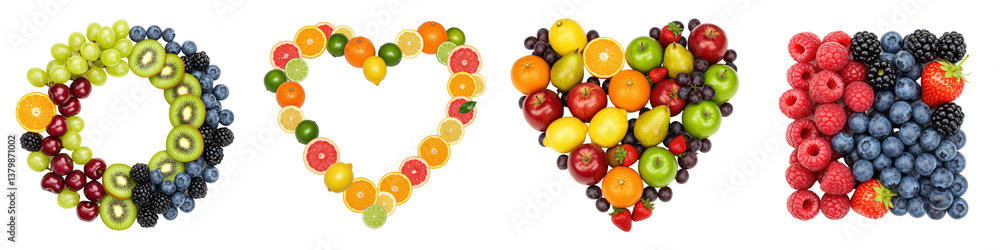 Fresh fruit variety display including berries, citrus fruits, apples and grapes. Fresh fruit variety display including berries, citrus fruits, apples and grapes.