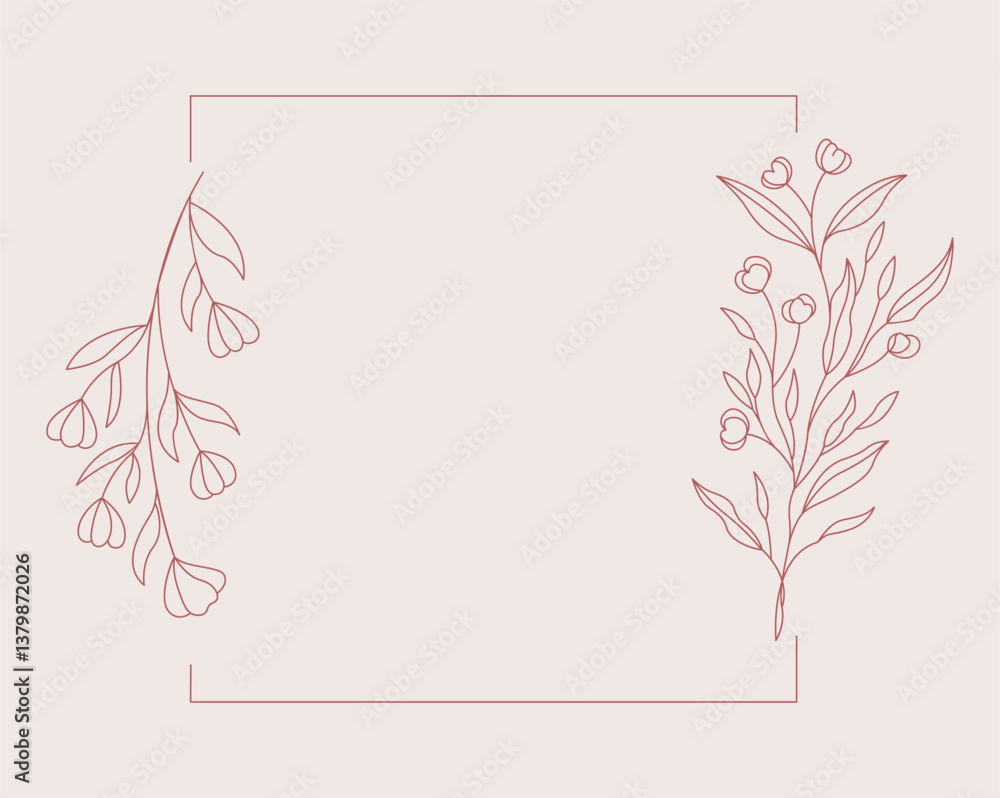 Obraz premium Floral and square hand drawn style. Floral brown frame of twigs, leaves and flowers. Frames for the Valentine's day, wedding decor, logo and identity template.