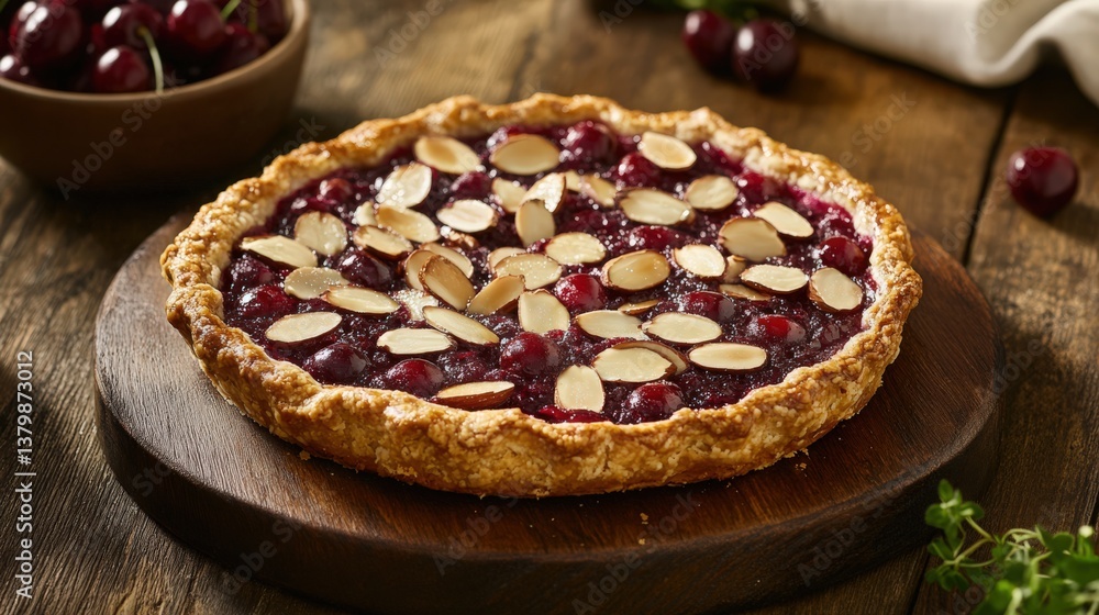 Trendy Scene with Rustic Cherry Pie and Almond Topping on Wooden Board, Perfectly Baked, Golden-Brown Crust and Juicy Cherry Filling with Crunchy Almonds Trendy Scene with Rustic Cherry Pie and Almond Topping on Wooden Board, Perfectly Baked, Golden-Brown Crust and Juicy Cherry Filling with Crunchy Almonds