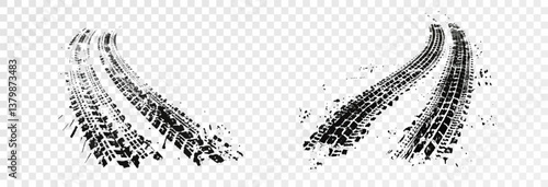 Traces of car, motorcycle tread. Curved realistic traces of tires of wheels from different types of tread vector png. Car wheels on disks.	