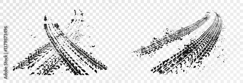 Traces of car, motorcycle tread. Curved realistic traces of tires of wheels from different types of tread vector png. Car wheels on disks.	