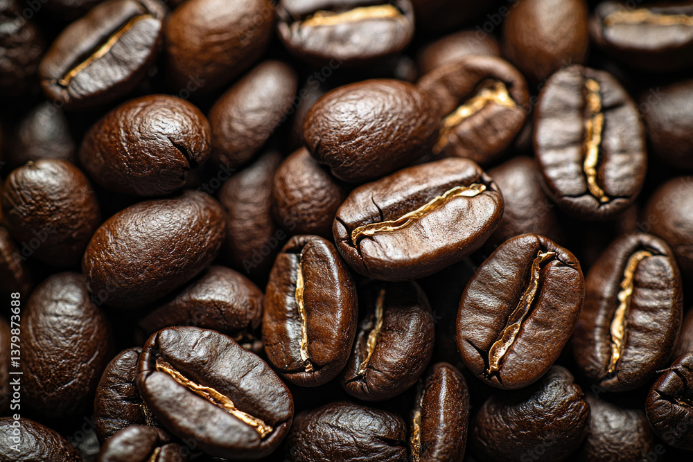 Fototapeta premium Close-up of roasted coffee beans, rich brown color, showing texture and detail.