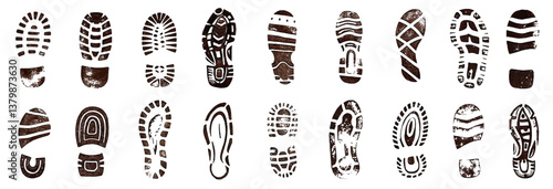 A set of human footprints, shoe prints and palm prints. Collection of vector prints of feet, hands, shoes on transparent background png.