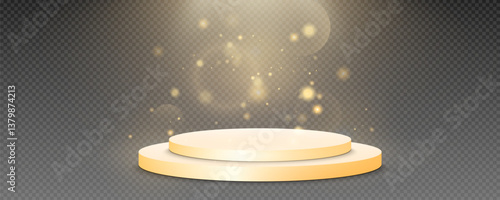Podium, empty pedestal with light for awarding, prize giving, honor vector png. A stage display case for displaying cosmetics or other products. Product advertising stand.