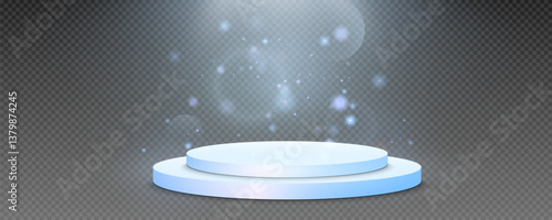 Podium, empty pedestal with light for awarding, prize giving, honor vector png. A stage display case for displaying cosmetics or other products. Product advertising stand.