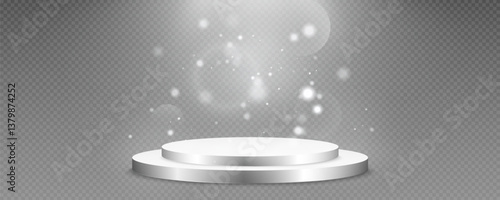 Podium, empty pedestal with light for awarding, prize giving, honor vector png. A stage display case for displaying cosmetics or other products. Product advertising stand.