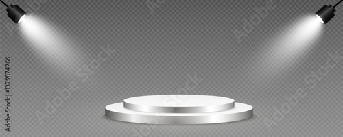 Podium, empty pedestal with light for awarding, prize giving, honor vector png. A stage display case for displaying cosmetics or other products. Product advertising stand.