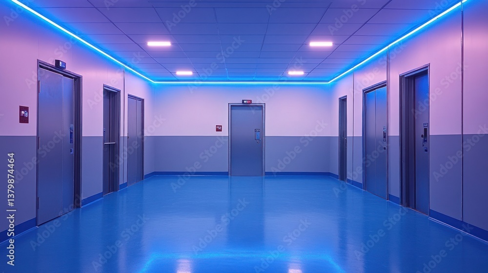 Fototapeta premium Empty hallway with neon lighting and elevators