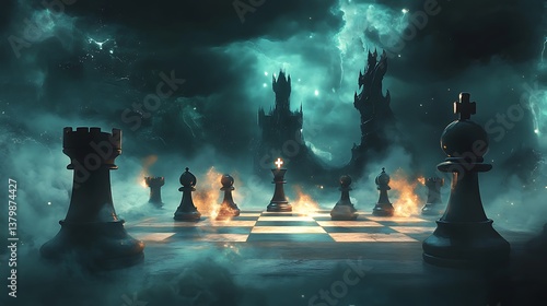 A dramatic chess board set against a darkened mysterious background
