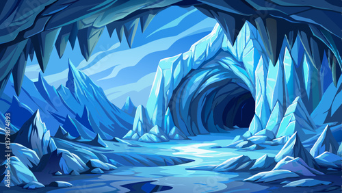 frozen cave with ice covered rocks inside, winter landscape