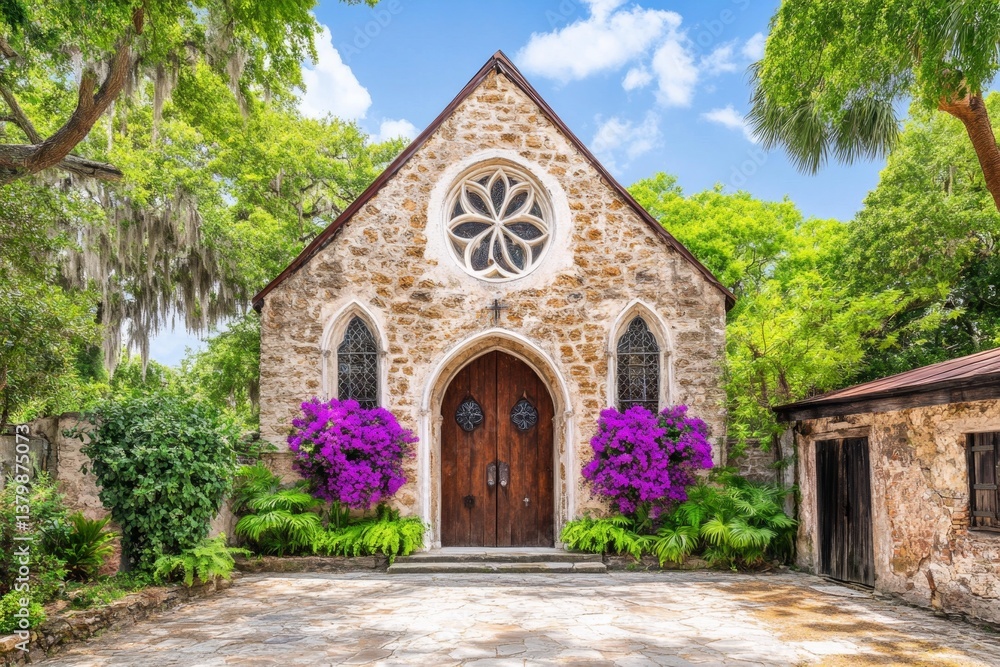 Fototapeta premium A historic church in downtown Charleston, with intricate architecture and a lush garden courtyard