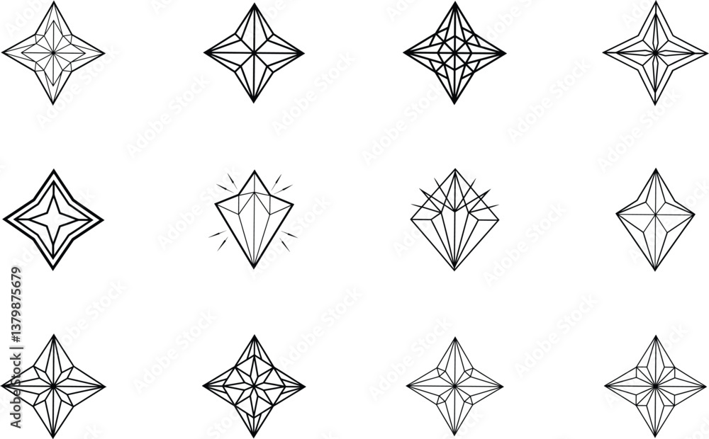 Geometric Starburst Diamond Crystal Designs Elegant Line Art Set Geometric Starburst Diamond Crystal Designs Elegant Line Art Set