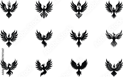 Twelve Stylized Phoenix Bird Icons Black, Tribal, Mythical Designs