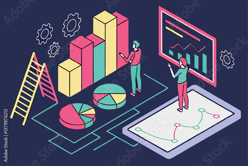 27 Colorful isometric charts and graphs, data visualization elements, vibrant 3D bar charts, pie charts, line graphs, area charts, statistical diagrams, neon colors on dark background, infographic des
