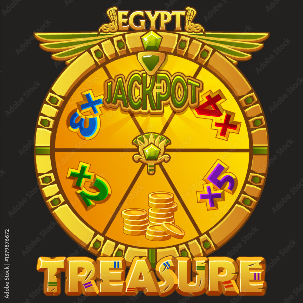 Fototapeta premium Wheel of fortune in Egyptian style for UI game, slots and casino. Vector Icons on separate layers Egyptian treasure. Spinning and winning award or money prize.
