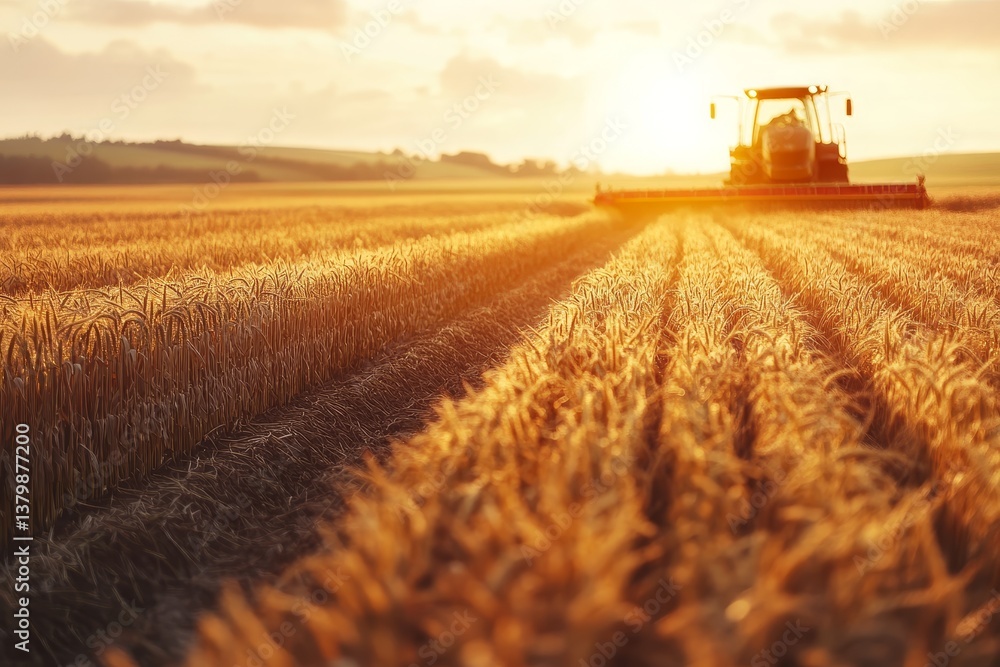 Fototapeta premium A tractor silhouetted against the setting sun in a golden wheat field with visible tire tracks