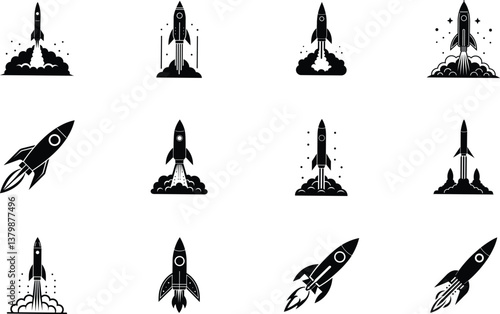 Twelve Rocket Launch Icons Space, Flight, Startup, Blastoff, Design